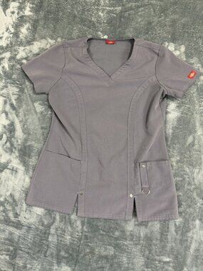 Dickies Womens Grey V-Neck Scrub Top With Pockets & D-Ring Size S